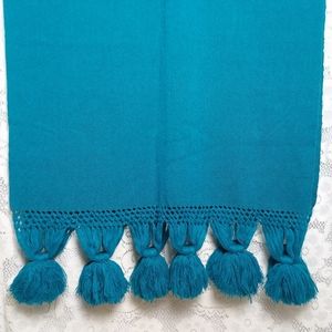 Vintage Handwoven Blanket Shawl Teal Blue Green Large Tassels 27" × 42"